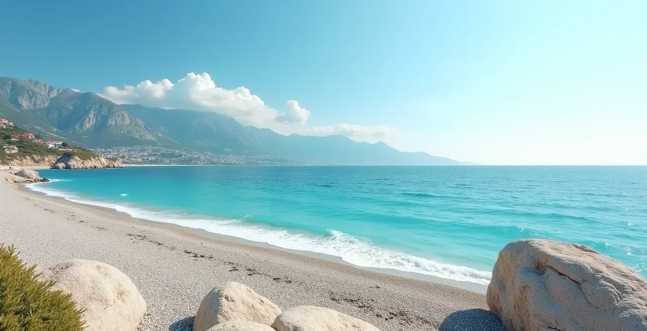 Vue composée montrant la dualité de Nice : au premier plan, la mer turquoise et la Promenade des Anglais épurées, à l'arrière-plan les montagnes du Mercantour enneigées et les villages perchés, sous un ciel méditerranéen cristallin