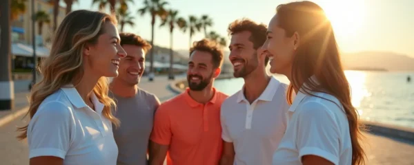 Une équipe diverse en tenue de sport souriant à la Promenade des Anglais avec vue sur la baie des Anges, captant l'essence du dynamisme et de la détente à Nice