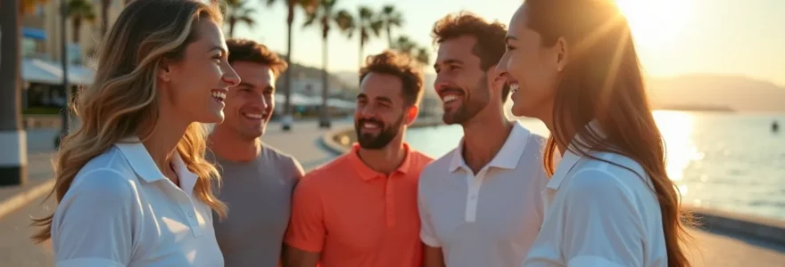 Une équipe diverse en tenue de sport souriant à la Promenade des Anglais avec vue sur la baie des Anges, captant l'essence du dynamisme et de la détente à Nice