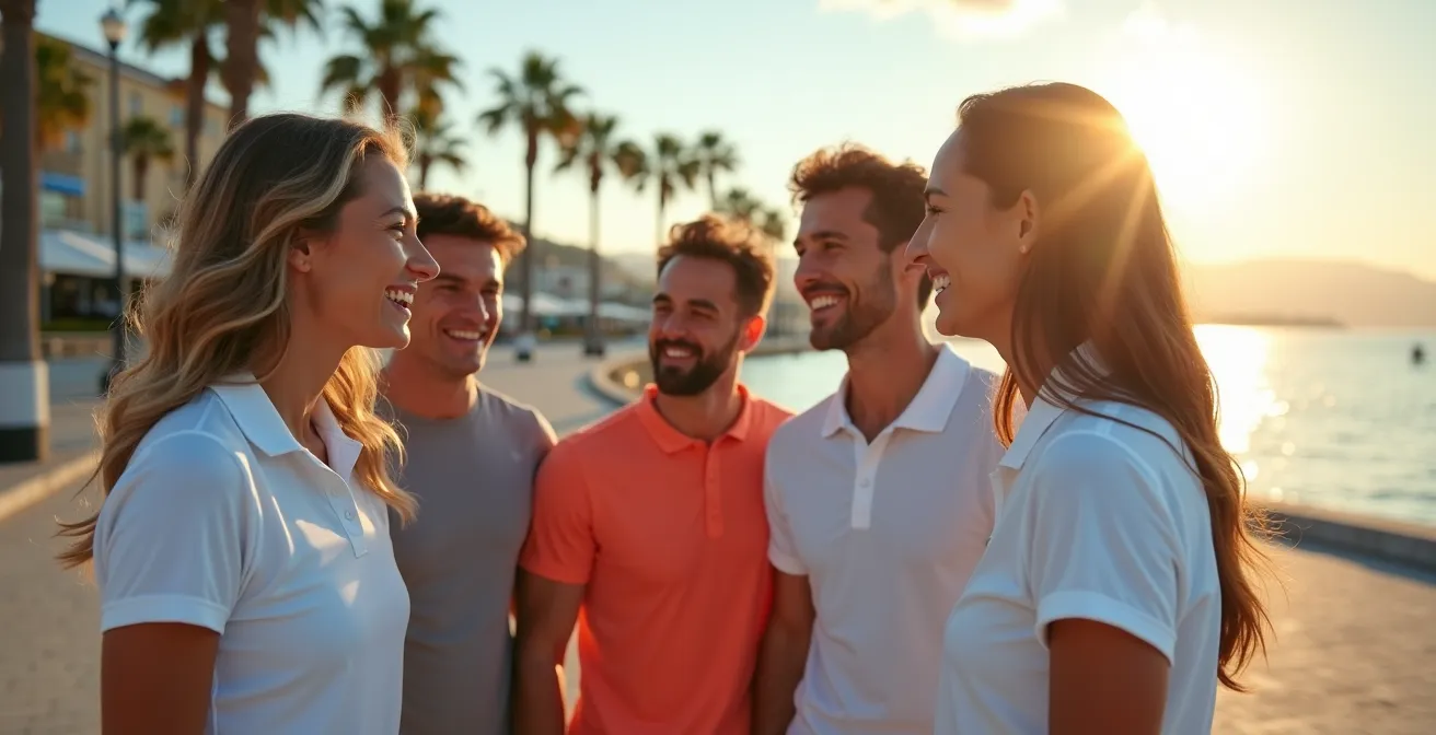 Une équipe diverse en tenue de sport souriant à la Promenade des Anglais avec vue sur la baie des Anges, captant l'essence du dynamisme et de la détente à Nice