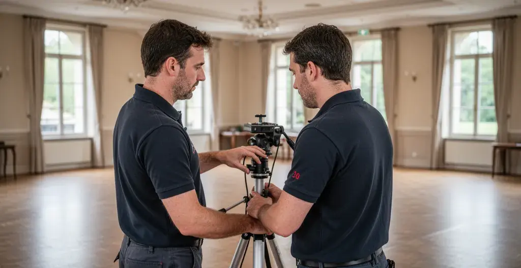 Technicien positionnant un équipement événementiel dans une salle de réception