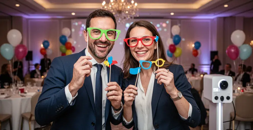 Deux collègues posant avec accessoires devant un photobooth lors d'un événement corporate