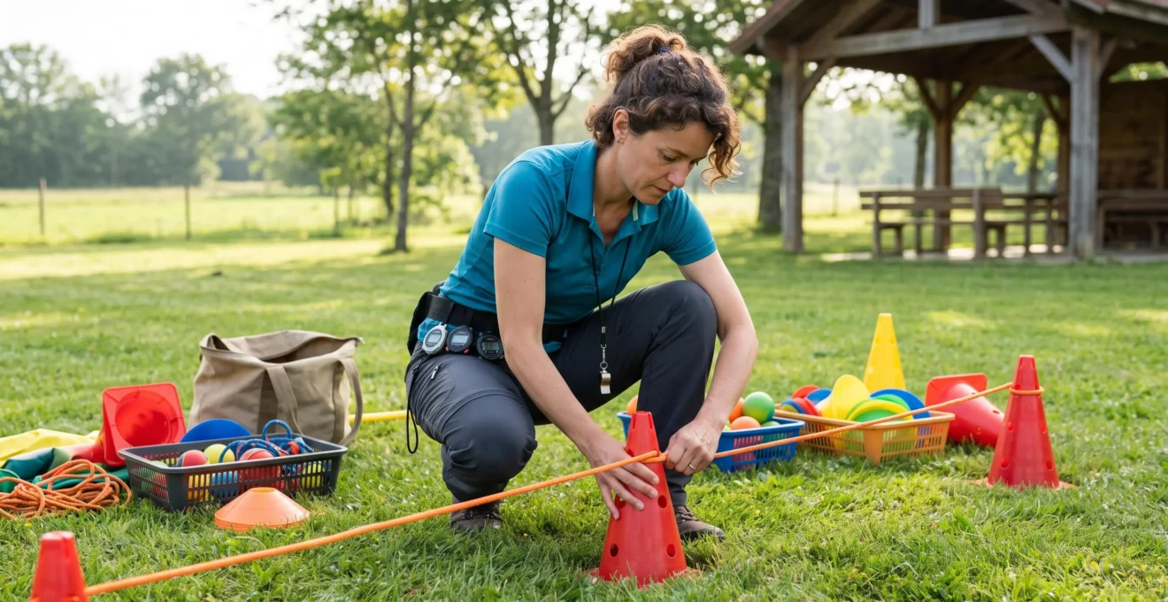 Animateur professionnel installant des plots et cordes pour préparer un parcours d'activité team building sur une pelouse de base de loisirs, matériel et chronomètres visibles