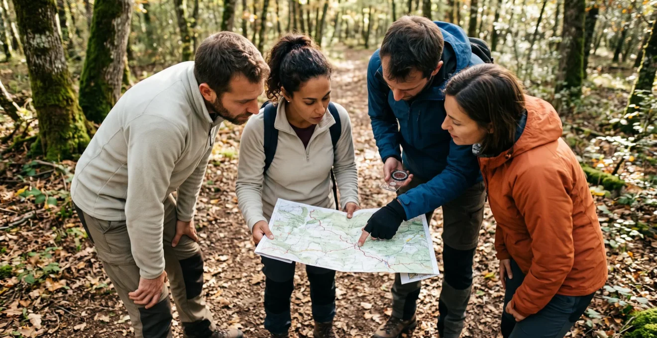 Petit groupe de collaborateurs consultant ensemble une carte topographique et une boussole sur un sentier forestier lors d'un rallye nature de team building, regards concentrés sur la carte